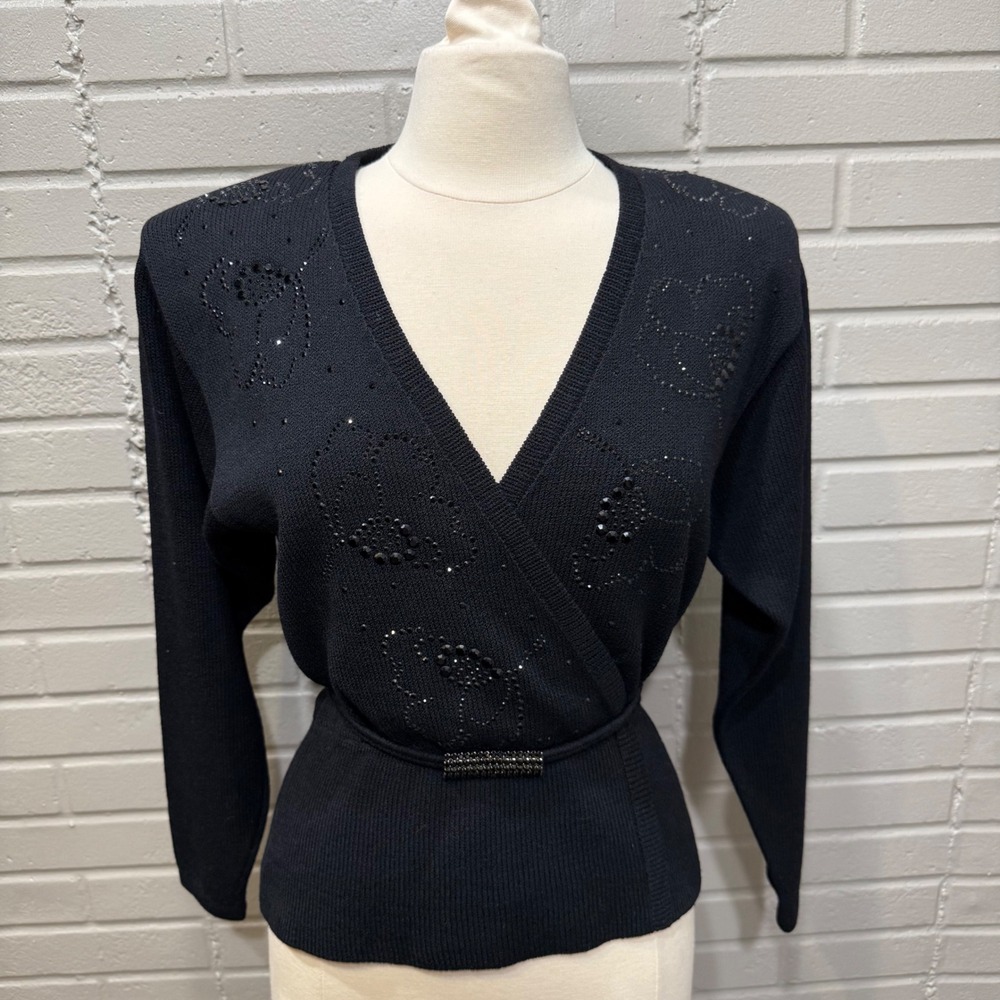 Vintage St John Marie Gray Wrap Sweater Beaded Sequin Santana Knit Sz10 USA